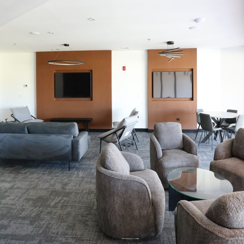 Station 250 community seating area with large sectional sofa, wall-mounted TV, and modern furniture Mundelein IL