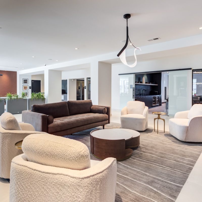 Station 250 main lobby reception area with modern furniture, professional design, and welcoming atmosphere Mundelein IL