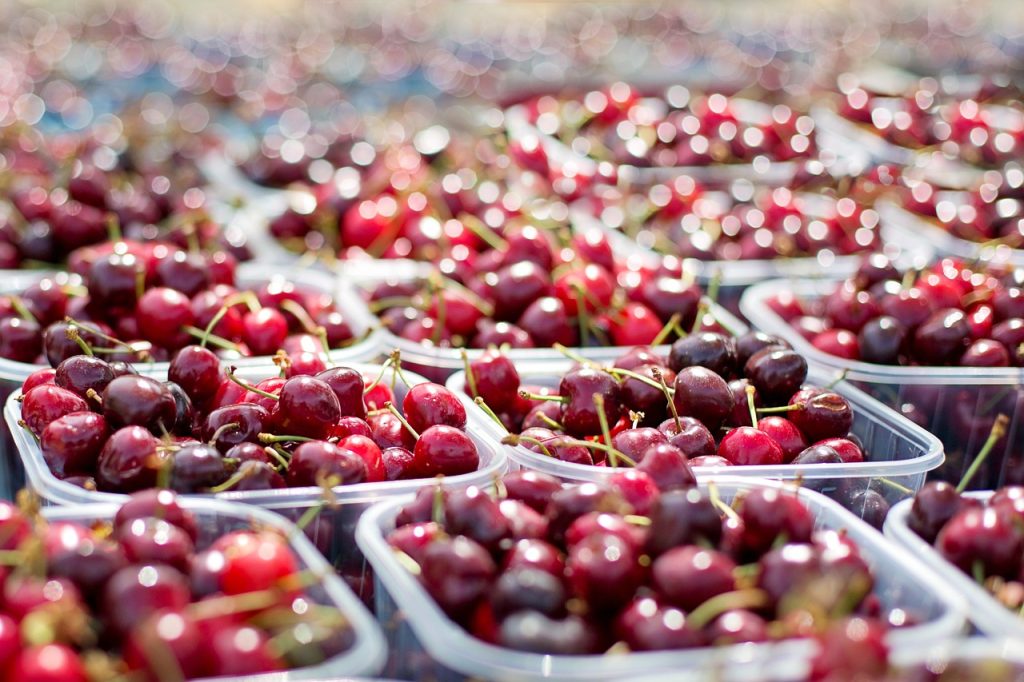 Cherries in cartons at farmers market